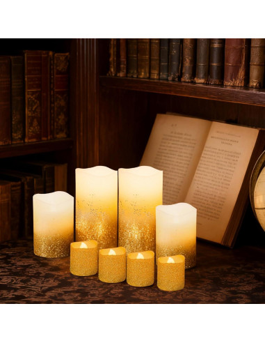 Juego de 8 Velas LED Sin Llama Yinuo Dorado con Control Remoto