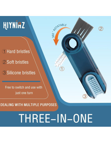 Cepillo de limpieza 3 en 1 Hiyniaz para botellas y tazas azul