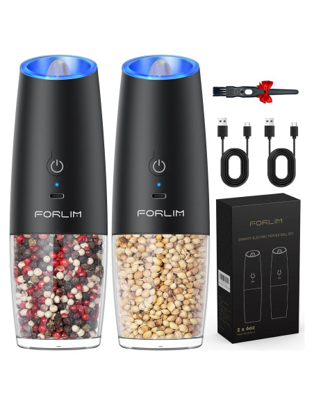 Juego de Molinillos Eléctricos de Sal y Pimienta FORLIM, Recargables USB, Automáticos, Ajuste de Grosor