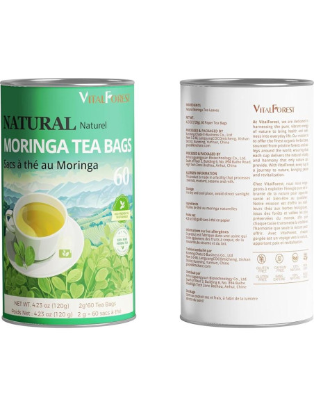 60 Bolsitas de Té de Moringa Natural VitalForest - Sin Cafeína