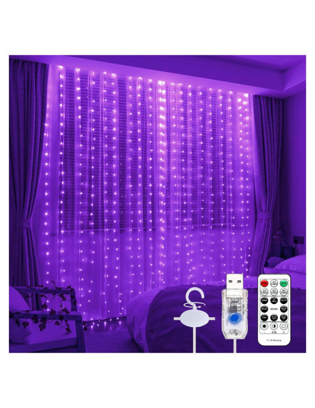 Cortina de Luz LED Púrpura 3m x 3m SINAMER 300 LEDs Control Remoto