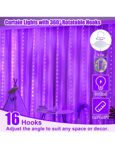 Cortina de Luz LED Púrpura 3m x 3m SINAMER 300 LEDs Control Remoto