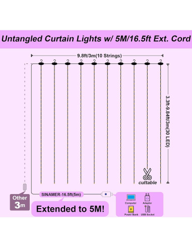 Cortina de Luz LED Púrpura 3m x 3m SINAMER 300 LEDs Control Remoto