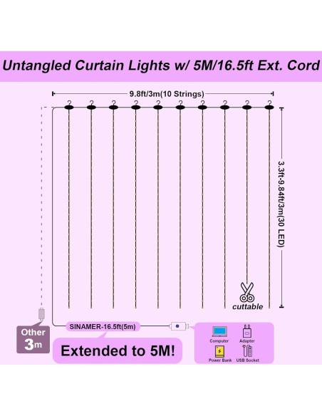 Cortina de Luz LED Púrpura 3m x 3m SINAMER 300 LEDs Control Remoto