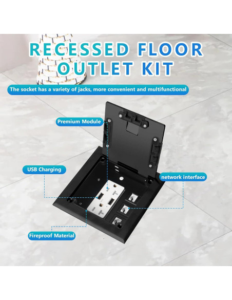 Kit de enchufe oculto empotrado KYHSHJ 2x20A USB-A RJ45 Negro