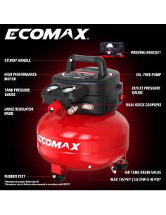 Compresor de Aire ECOMAX Pancake 6 Gal 1.5HP 175 PSI Portátil 2