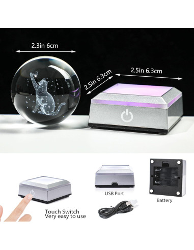 Bola de Cristal 3D Gato YU FENG con Base LED Colorida 5,08 cm