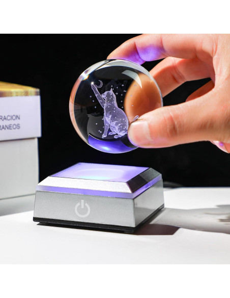 Bola de Cristal 3D Gato YU FENG con Base LED Colorida 5,08 cm