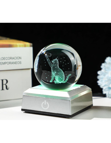 Bola de Cristal 3D Gato YU FENG con Base LED Colorida 5,08 cm