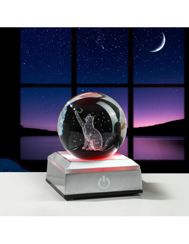 Bola de Cristal 3D Gato YU FENG con Base LED Colorida 5,08 cm