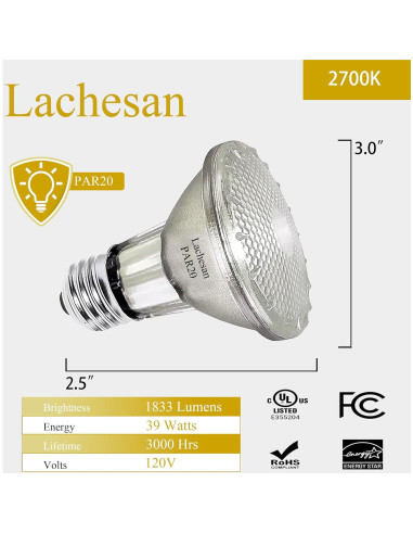 Bombillas Halógenas PAR20 Lachesan 39W E26 2800K 2 Pcs
