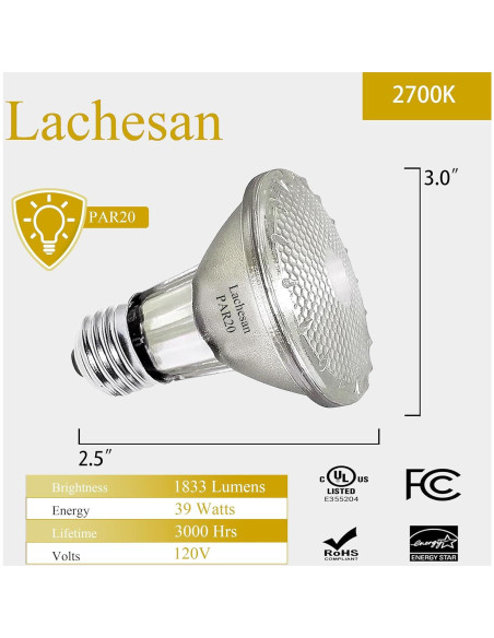 Bombillas Halógenas PAR20 Lachesan 39W E26 2800K 2 Pcs