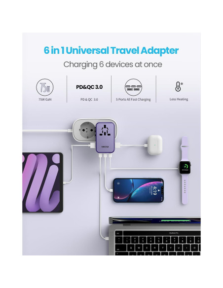 Adaptador de Viaje Universal VINTAR 75W con 5 Puertos USB
