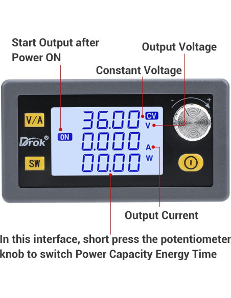 Convertidor Buck Boost DROK 80W DC 6-36V a 0.6-36V LCD