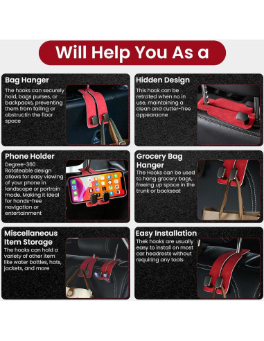 Ganchos para Asiento de Coche Cartaxio - Cuero Rojo y Plata