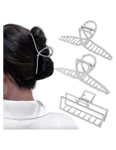 3 Clips de Garra de Metal Plateado para Cabello Grueso y Fino