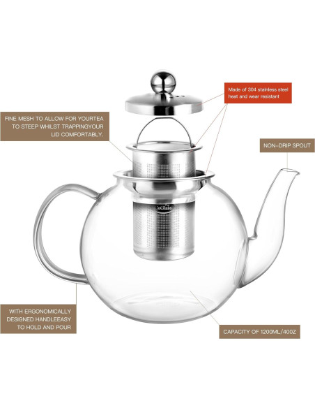 Tetera de Vidrio CNGLASS 1200ml con Infusor Removible