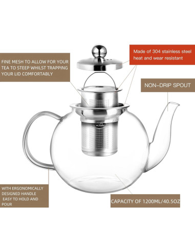 Tetera de Vidrio CNGLASS 1200ml con Infusor Removible