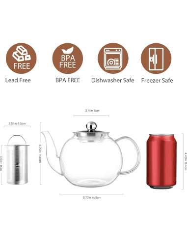 Tetera de Vidrio CNGLASS 1200ml con Infusor Removible
