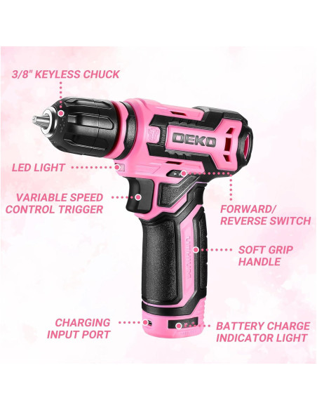 Taladro Inalámbrico DEKOPRO 12V Rosa 800RPM con Accesorios