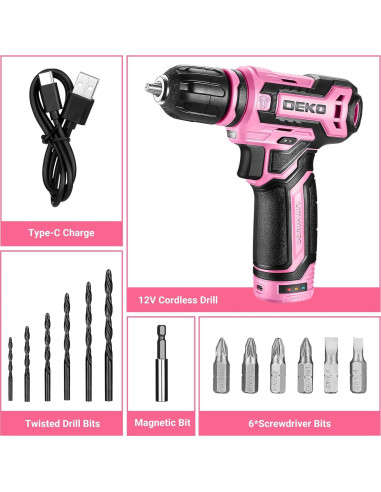 Taladro Inalámbrico DEKOPRO 12V Rosa 800RPM con Accesorios