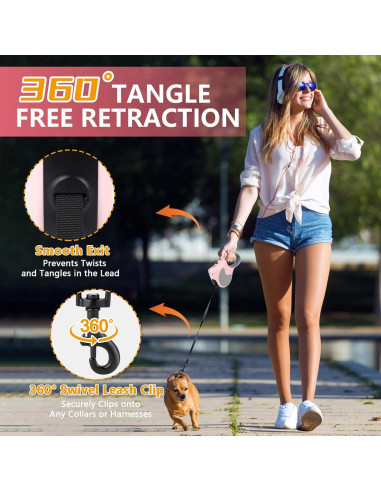 Correa de Perro Retráctil Makife 5m con Linterna LED Rosa