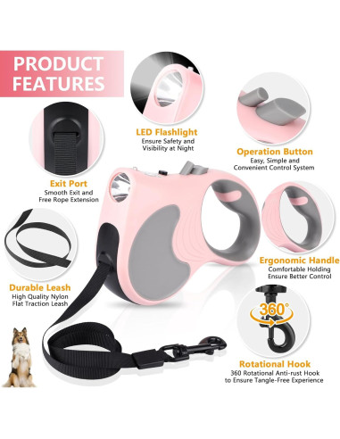 Correa de Perro Retráctil Makife 5m con Linterna LED Rosa