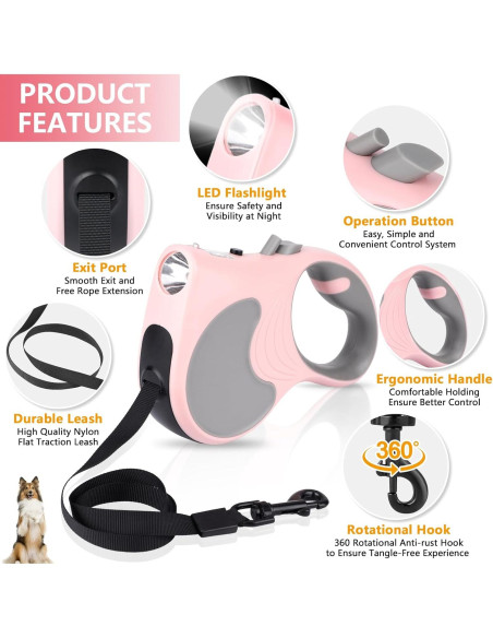 Correa de Perro Retráctil Makife 5m con Linterna LED Rosa