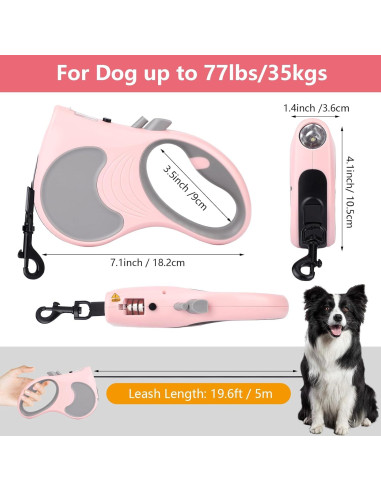 Correa de Perro Retráctil Makife 5m con Linterna LED Rosa