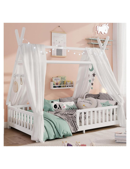 Cama Tipi Gemela MoproBeti con Luz LED y Barandillas Blanca