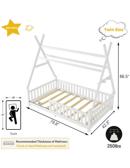 Cama Tipi Gemela MoproBeti con Luz LED y Barandillas Blanca