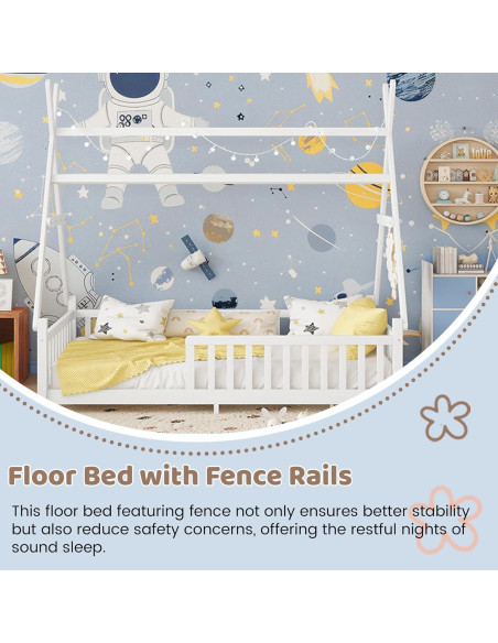 Cama Tipi Gemela MoproBeti con Luz LED y Barandillas Blanca