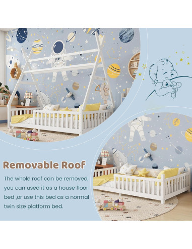 Cama Tipi Gemela MoproBeti con Luz LED y Barandillas Blanca