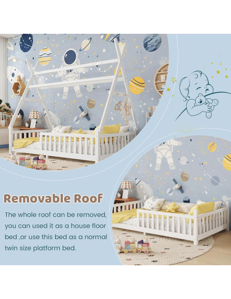 Cama Tipi Gemela MoproBeti con Luz LED y Barandillas Blanca