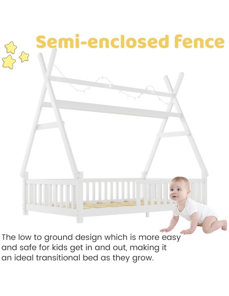 Cama Tipi Gemela MoproBeti con Luz LED y Barandillas Blanca