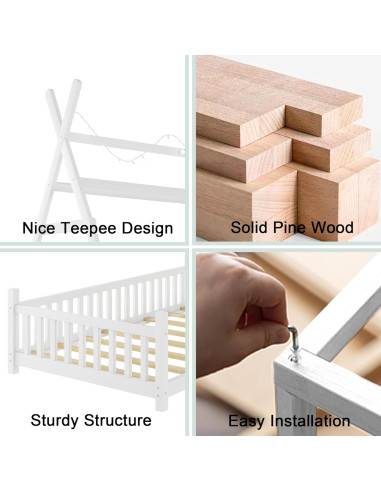 Cama Tipi Gemela MoproBeti con Luz LED y Barandillas Blanca