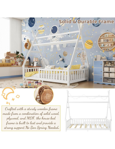 Cama Tipi Gemela MoproBeti con Luz LED y Barandillas Blanca