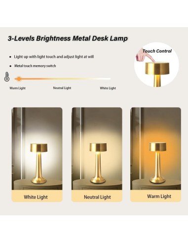Lámpara de Mesa LED Portátil HPUFKOT Oro Metálico 3 Niveles