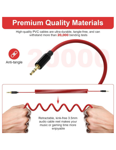 Cable de audio enrollado Gneinour 1.2m-4.8m 2.5mm a 3.5mm Rojo