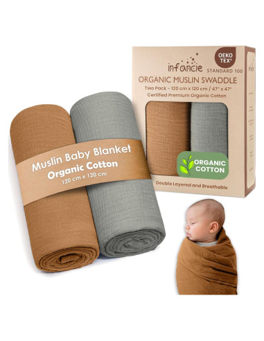 Manta de Muselina Algodón Orgánico Infancie 119x119 cm Oro/Salmón