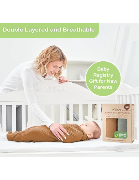 Manta de Muselina Algodón Orgánico Infancie 119x119 cm Oro/Salmón