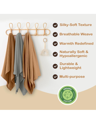 Manta de Muselina Algodón Orgánico Infancie 119x119 cm Oro/Salmón