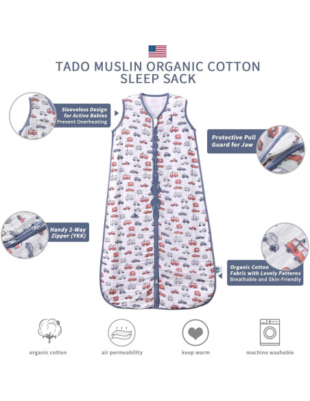 Saco de Sueño Bebé TADO MUSLIN 100% Algodón Orgánico 0.5 TOG