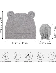 Conjunto Gorro y Manoplas AQOKKA Bebé 0-3 Meses Orejas de Oso 2