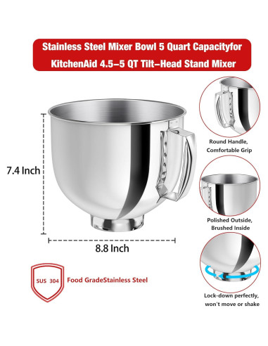 Tazón de acero inoxidable 5QT XINCAN para mezcladores KitchenAid