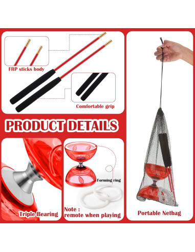 Juego de Diabolo Chino Simgoing Rojo con Palos y Cuerda