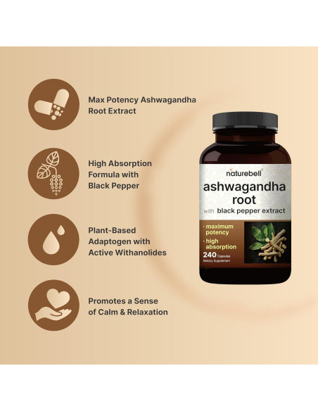 Suplemento de Ashwagandha NatureBell 240 Cápsulas 12500 mg