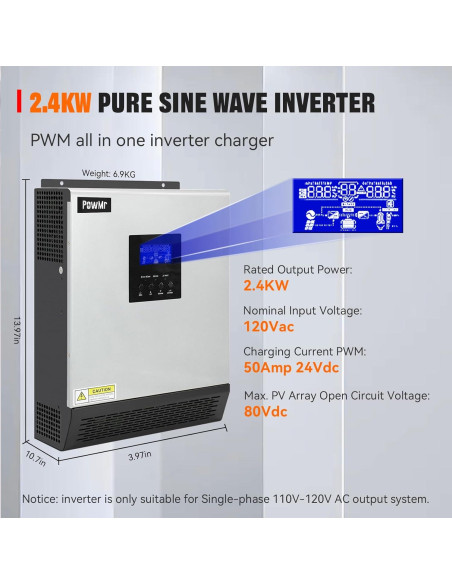 Inversor Solar PowMr 2400W 24VDC a 110V/120VAC Onda Pura
