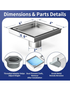 Desagüe de Ducha Cuadrado 15.24 cm Bernkot Acero Inoxidable 2