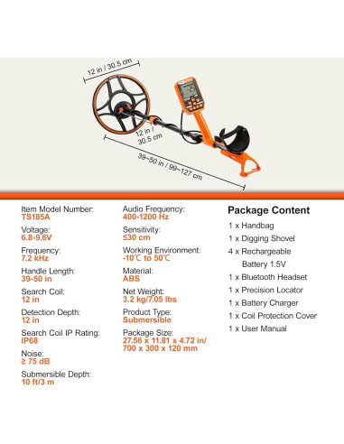 Detector de Metales VEVOR IP68 12" Profesional Recargable